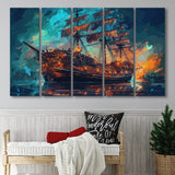 Pirate Ship Wall Art, Ship Canvas, Sailing Ship Painting, 5 Panel B Canvas Prints Wall Art, Extra Large Canvas Decor