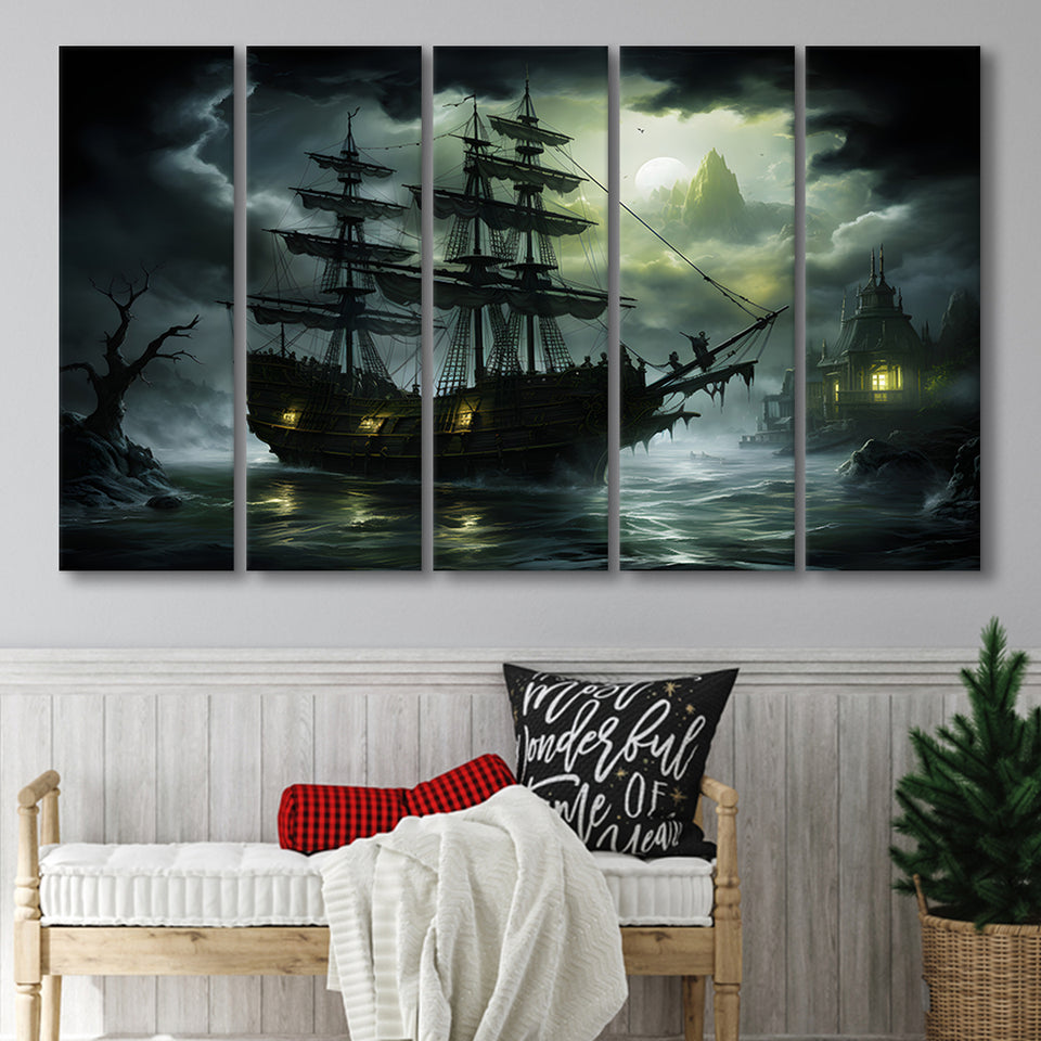 Pirate Shipping Sailing In The Moonlight 5 Panels B Canvas Prints Wall Art Home Decor, Extra Large Canvas