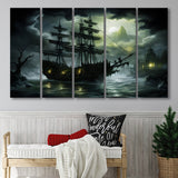 Pirate Shipping Sailing In The Moonlight 5 Panels B Canvas Prints Wall Art Home Decor, Extra Large Canvas
