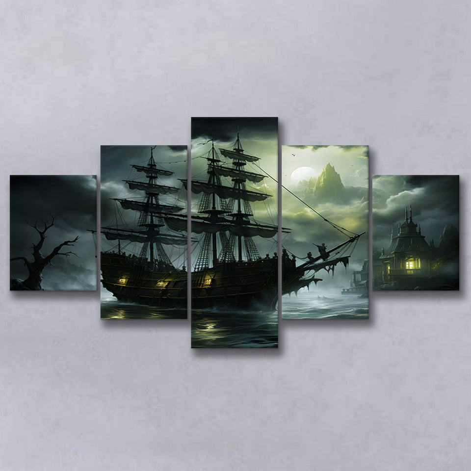 Pirate Shipping Sailing In The Moonlight 5 Panels Canvas Prints Wall Art Home Decor, Large Mixed Canvas