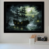 Pirate Shipping Sailing In The Moonlight Framed Art Prints Wall Decor, Painting Art, Framed Picture