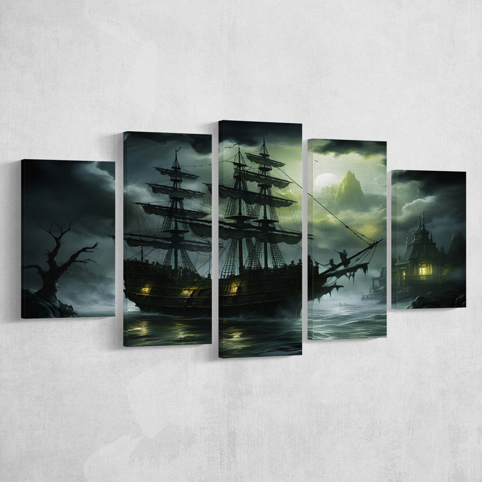 Pirate Shipping Sailing In The Moonlight 5 Panels Canvas Prints Wall Art Home Decor, Large Mixed Canvas