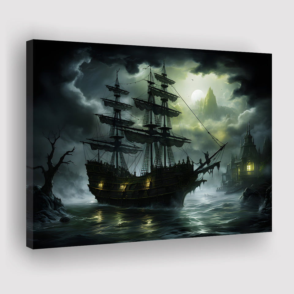 Pirate Shipping Sailing In The Moonlight Canvas Prints Wall Art Home Decor, Painting Canvas, Living Room Wall Decor