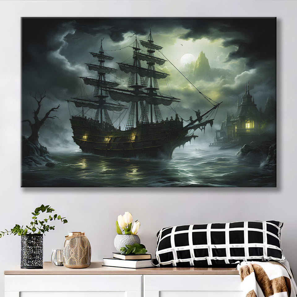 Pirate Shipping Sailing In The Moonlight Canvas Prints Wall Art Home Decor, Painting Canvas, Living Room Wall Decor