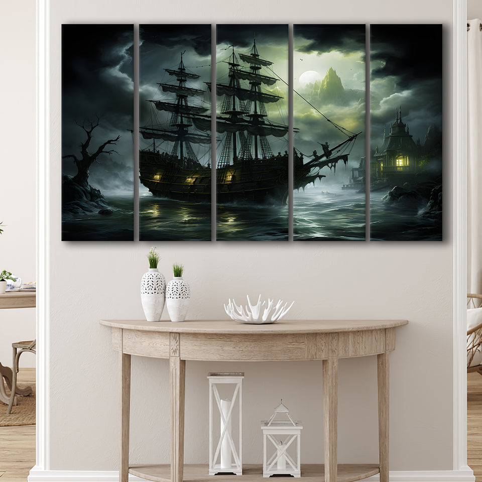 Pirate Shipping Sailing In The Moonlight 5 Panels B Canvas Prints Wall Art Home Decor, Extra Large Canvas