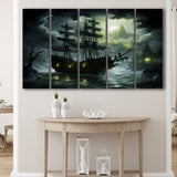 Pirate Shipping Sailing In The Moonlight 5 Panels B Canvas Prints Wall Art Home Decor, Extra Large Canvas