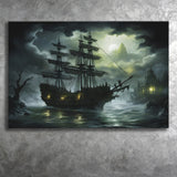 Pirate Shipping Sailing In The Moonlight Canvas Prints Wall Art Home Decor, Painting Canvas, Living Room Wall Decor