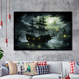 Pirate Shipping Sailing In The Moonlight Framed Art Prints Wall Decor, Painting Art, Framed Picture