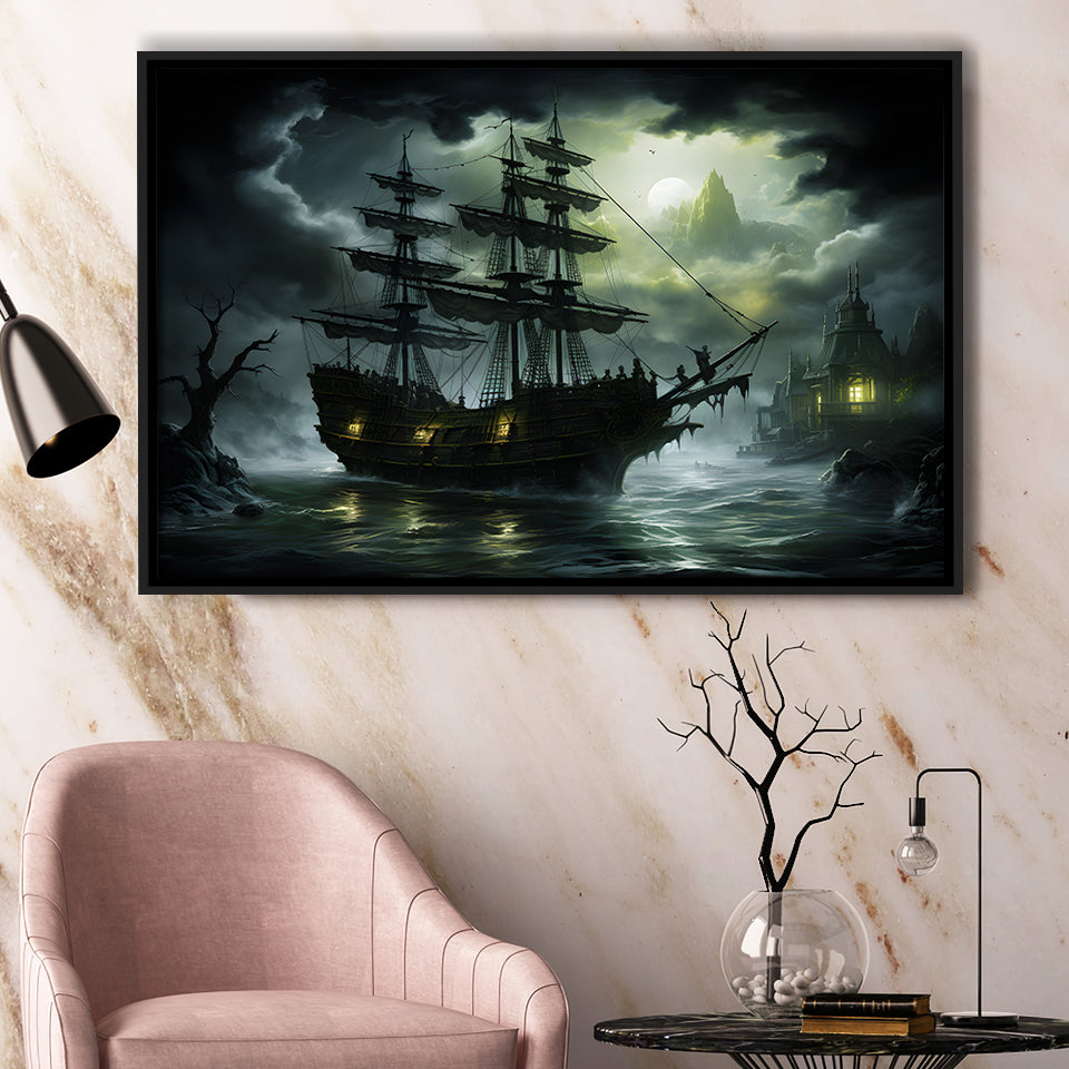 Pirate Shipping Sailing In The Moonlight Framed Canvas Prints Wall Art Home Decor, Painting Canvas, Floating Frame
