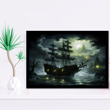 Pirate Shipping Sailing In The Moonlight Framed Art Prints Wall Decor, Painting Art, Framed Picture