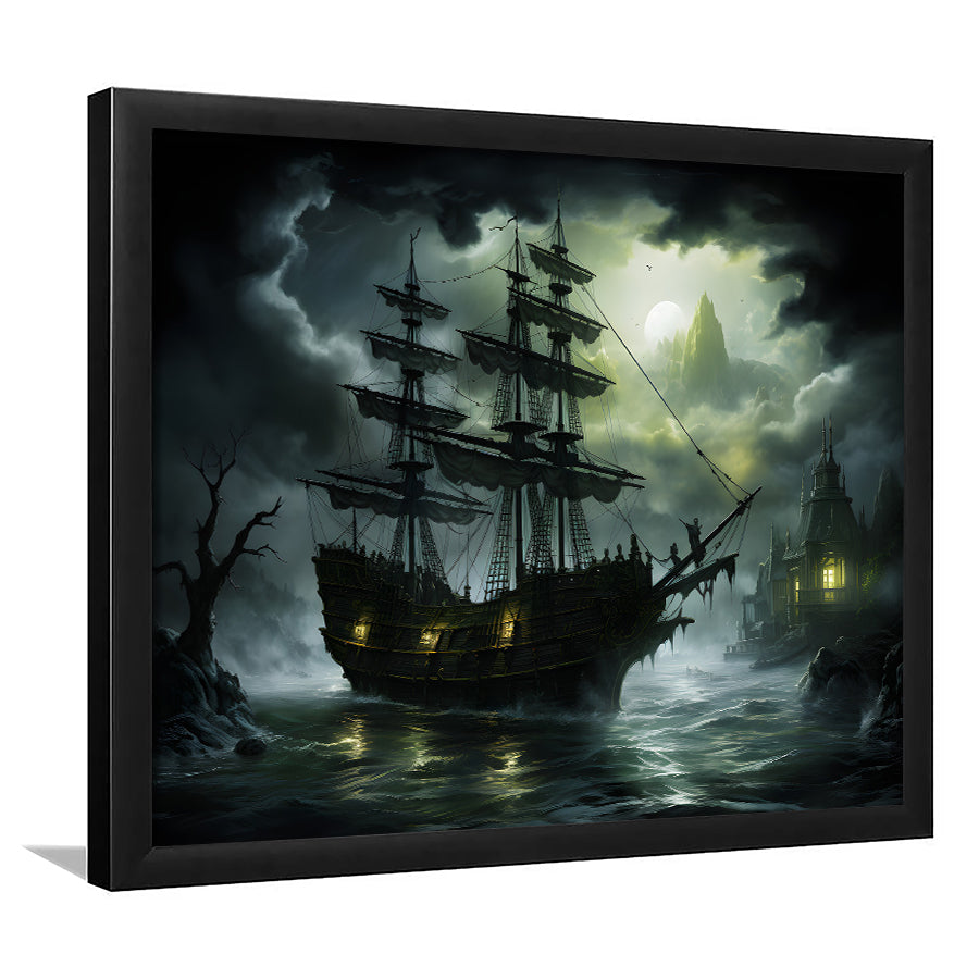Pirate Shipping Sailing In The Moonlight Framed Art Prints Wall Decor, Painting Art, Framed Picture