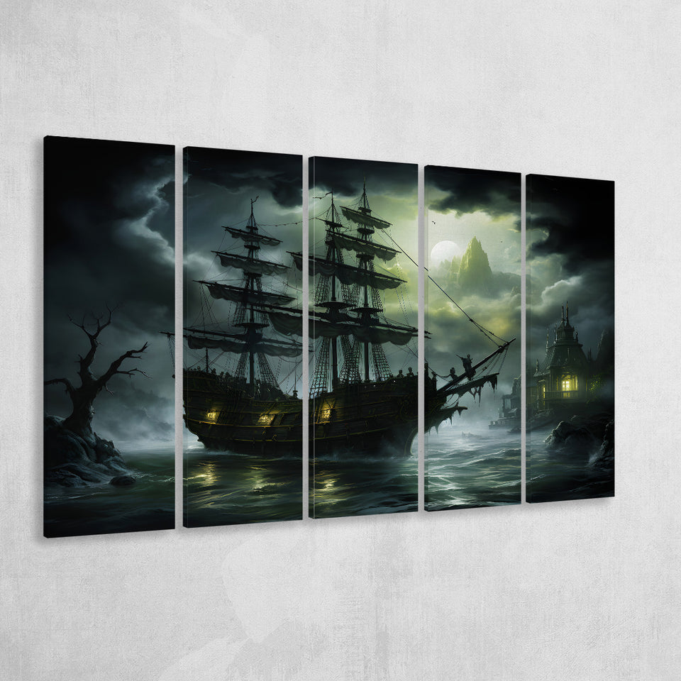 Pirate Shipping Sailing In The Moonlight 5 Panels B Canvas Prints Wall Art Home Decor, Extra Large Canvas