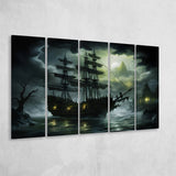 Pirate Shipping Sailing In The Moonlight 5 Panels B Canvas Prints Wall Art Home Decor, Extra Large Canvas