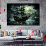 Pirate Shipping Sailing In The Moonlight Framed Canvas Prints Wall Art Home Decor, Painting Canvas, Floating Frame