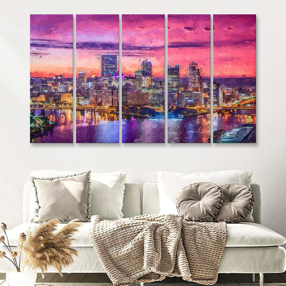 Pittsburgh City at Night Pittsburgh 5 Piece B Canvas Prints Wall Art Decor - Painting Canvas, Multi Panels