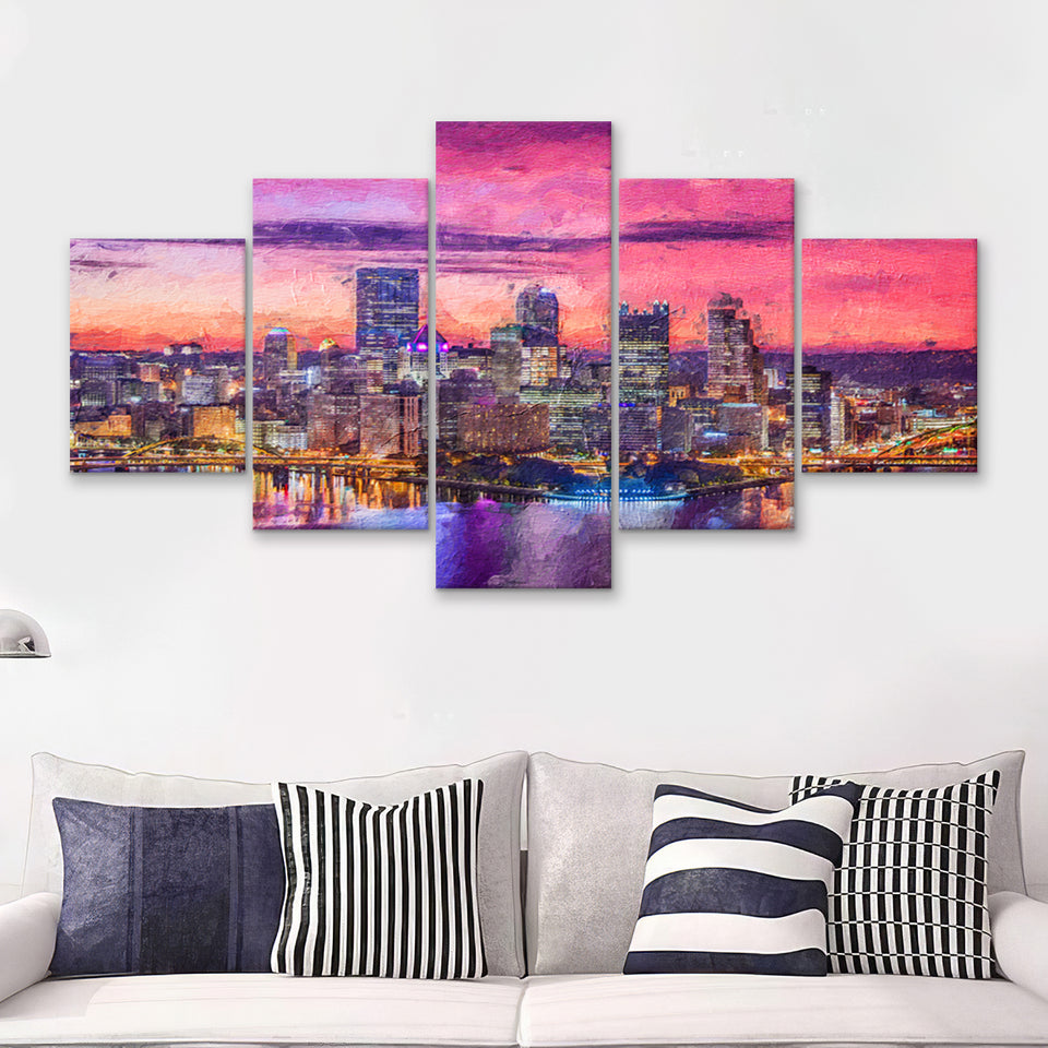 Pittsburgh City at Night Pittsburgh 5 Piece Canvas Prints Wall Art Decor - Painting Canvas, Multi Panels