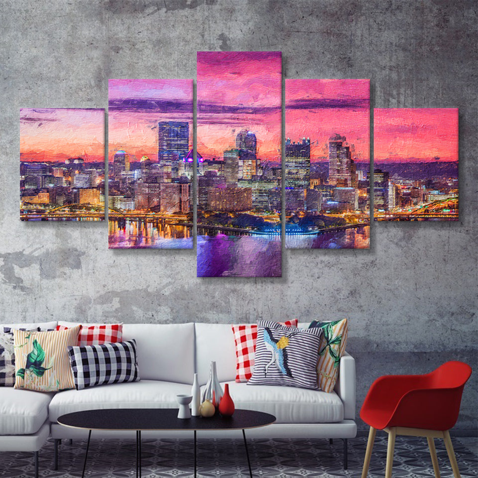 Pittsburgh City at Night Pittsburgh 5 Piece Canvas Prints Wall Art Decor - Painting Canvas, Multi Panels