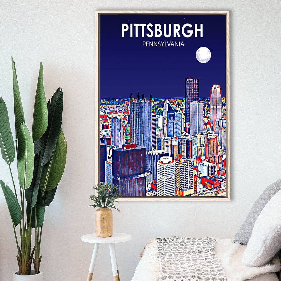 Pittsburgh Pennsylvania Art Night Landscape, Large Canvas, Framed Canvas Print Wall Art Home Decor, Floating Frame
