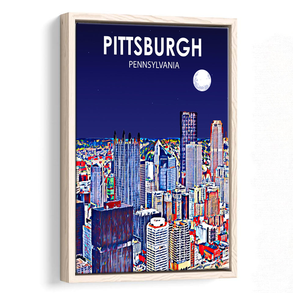 Pittsburgh Pennsylvania Art Night Landscape, Large Canvas, Framed Canvas Print Wall Art Home Decor, Floating Frame
