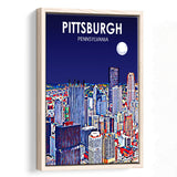 Pittsburgh Pennsylvania Art Night Landscape, Large Canvas, Framed Canvas Print Wall Art Home Decor, Floating Frame