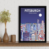 Pittsburgh Pennsylvania Art Night Landscape, Large Canvas, Framed Canvas Print Wall Art Home Decor, Floating Frame