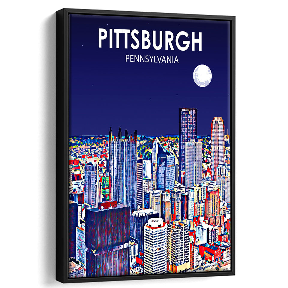 Pittsburgh Pennsylvania Art Night Landscape, Large Canvas, Framed Canvas Print Wall Art Home Decor, Floating Frame