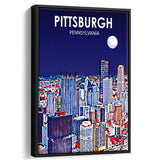 Pittsburgh Pennsylvania Art Night Landscape, Large Canvas, Framed Canvas Print Wall Art Home Decor, Floating Frame