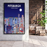 Pittsburgh Pennsylvania Art Night Landscape, Large Canvas, Framed Canvas Print Wall Art Home Decor, Floating Frame