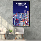Pittsburgh Pennsylvania Art Night Landscape, Large Canvas, Framed Canvas Print Wall Art Home Decor, Floating Frame