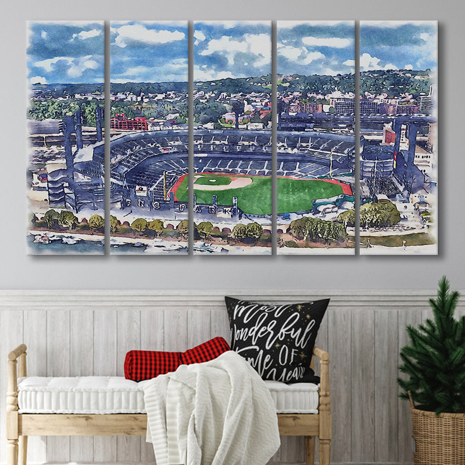 Pittsburgh Pirates PNC Park Watercolor, 5 Pieces B, Multi Panel Canvas Prints Wall Art Decor