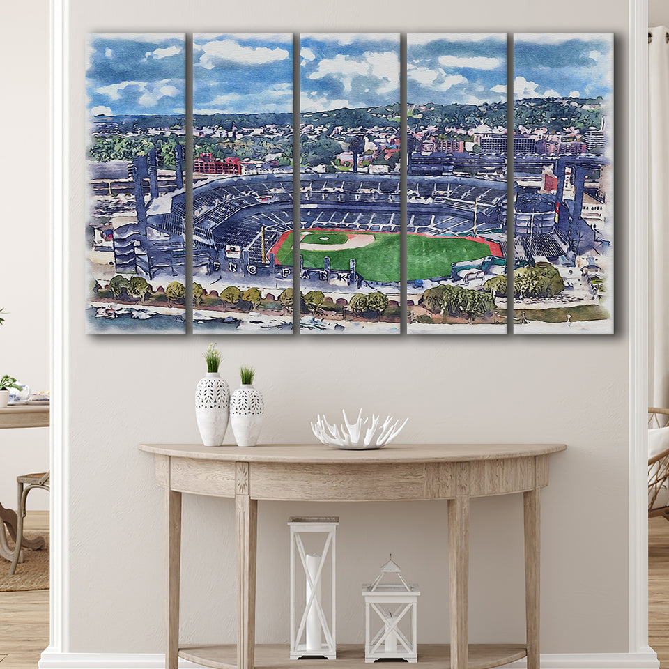 Pittsburgh Pirates PNC Park Watercolor, 5 Pieces B, Multi Panel Canvas Prints Wall Art Decor