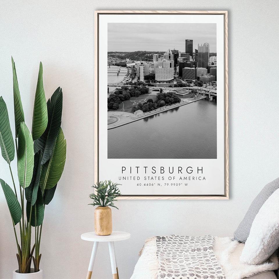 Pittsburgh Usa Black And White Art Framed Canvas Prints Wall Art Home Decor, Floating Frame