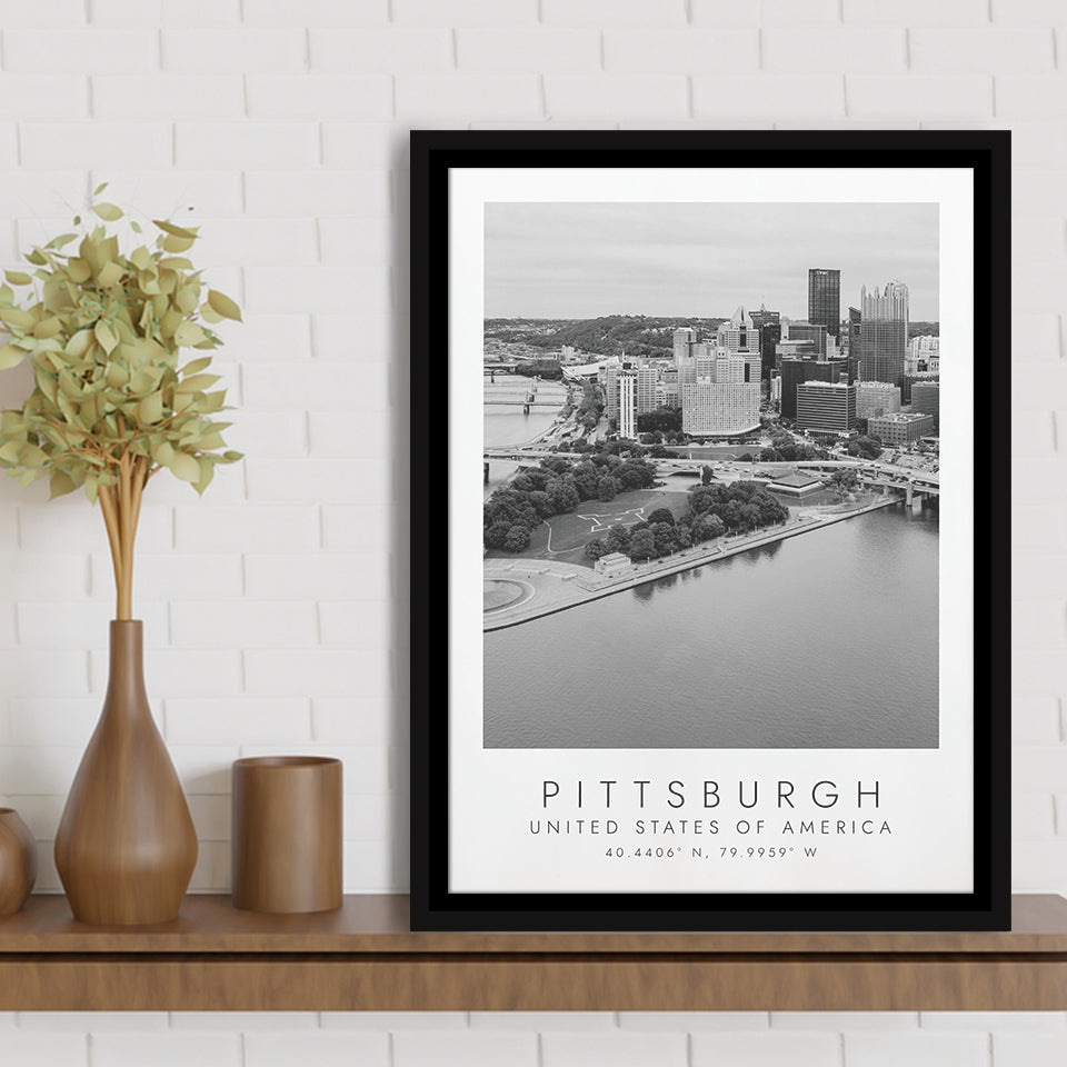 Pittsburgh Usa Black And White Art Framed Canvas Prints Wall Art Home Decor, Floating Frame