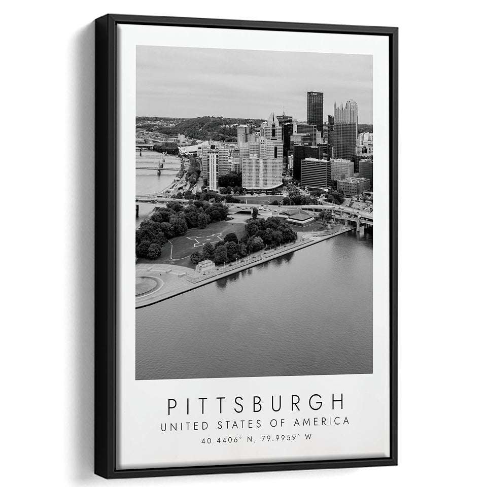 Pittsburgh Usa Black And White Art Framed Canvas Prints Wall Art Home Decor, Floating Frame
