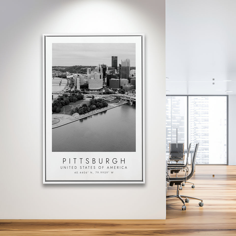 Pittsburgh Usa Black And White Art Framed Canvas Prints Wall Art Home Decor, Floating Frame