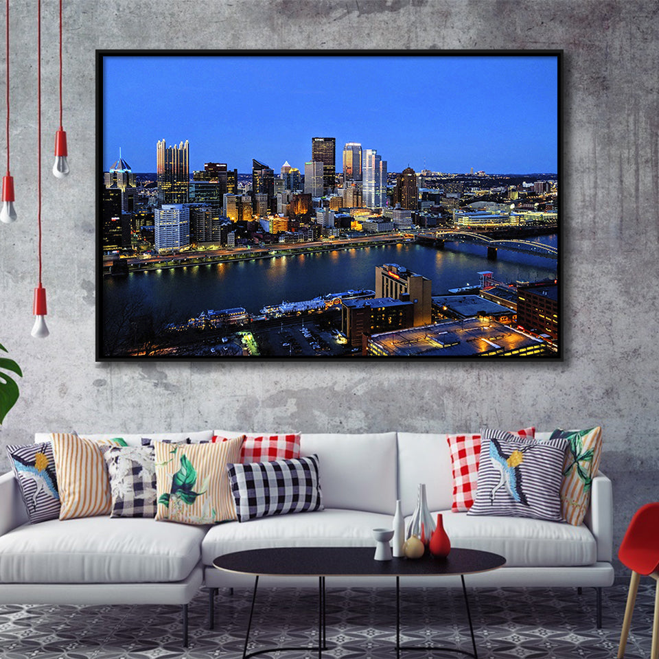 Pittsburgh, Pittsburgh Skyline Framed Canvas Prints Wall Art Decor, Black Floating Frame