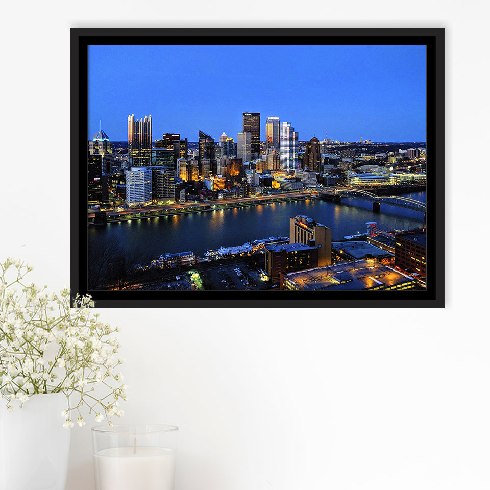 Pittsburgh, Pittsburgh Skyline Framed Canvas Prints Wall Art Decor, Black Floating Frame