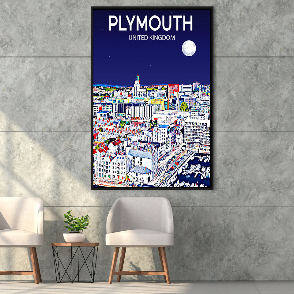 Plymouth UK Art Night Art Print, Large Canvas, Framed Canvas Print Wall Art Home Decor, Floating Frame