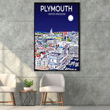 Plymouth UK Art Night Art Print, Large Canvas, Framed Canvas Print Wall Art Home Decor, Floating Frame