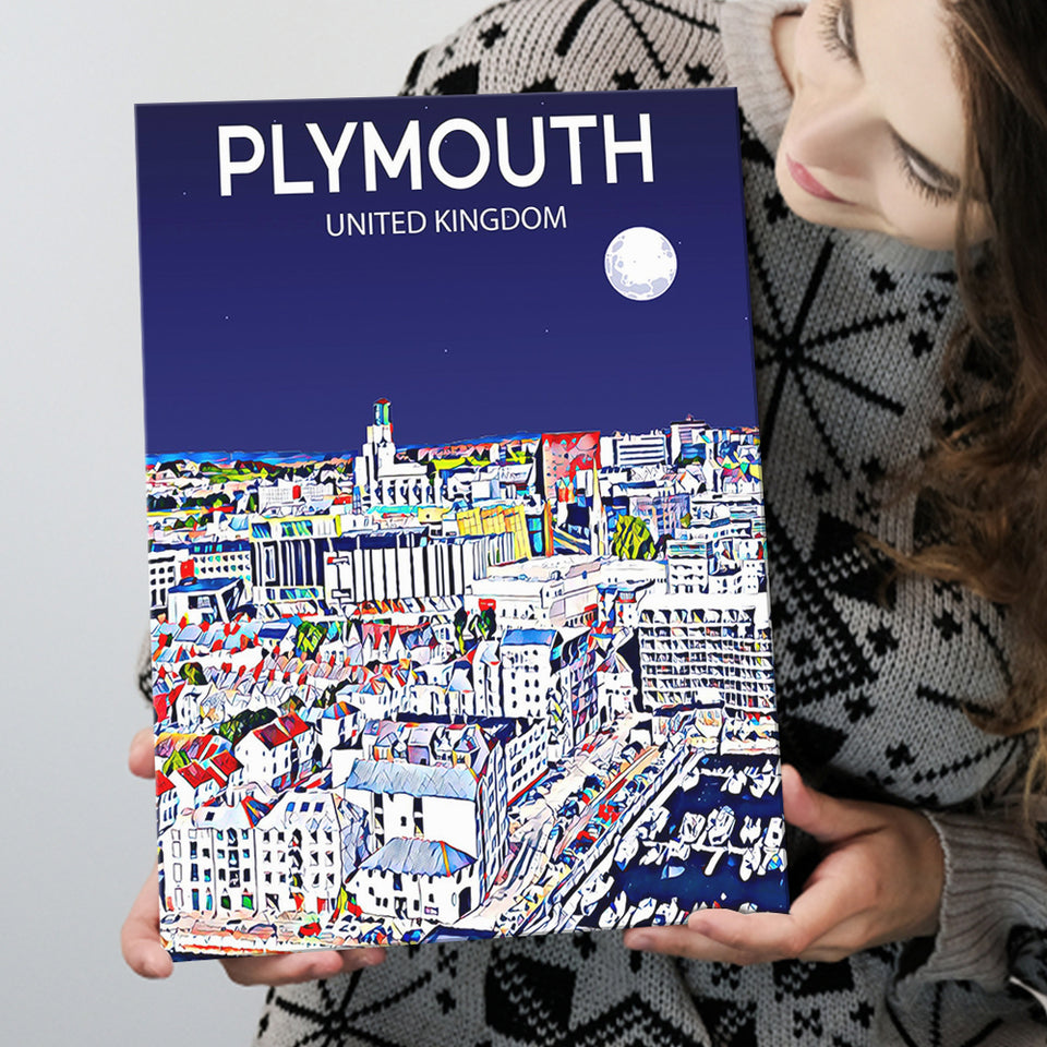 Plymouth UK Art Night Art Print ,City Art Print, Large Canvas, Canvas Print Wall Art Home Decor