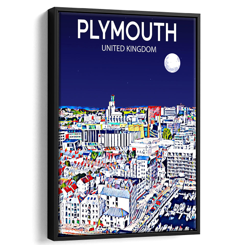 Plymouth UK Art Night Art Print, Large Canvas, Framed Canvas Print Wall Art Home Decor, Floating Frame