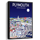 Plymouth UK Art Night Art Print, Large Canvas, Framed Canvas Print Wall Art Home Decor, Floating Frame