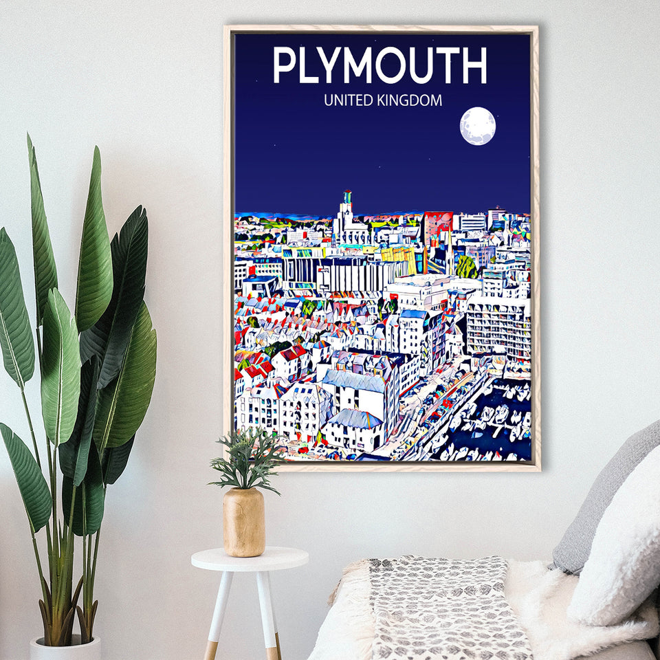 Plymouth UK Art Night Art Print, Large Canvas, Framed Canvas Print Wall Art Home Decor, Floating Frame