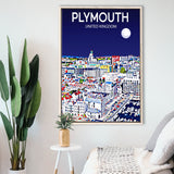 Plymouth UK Art Night Art Print, Large Canvas, Framed Canvas Print Wall Art Home Decor, Floating Frame