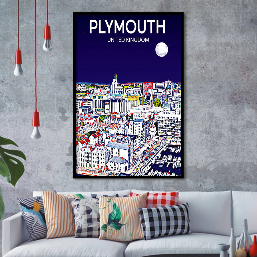 Plymouth UK Art Night Art Print, City Art Print, Framed Art Print Wall Art Home Decor, Framed Picture