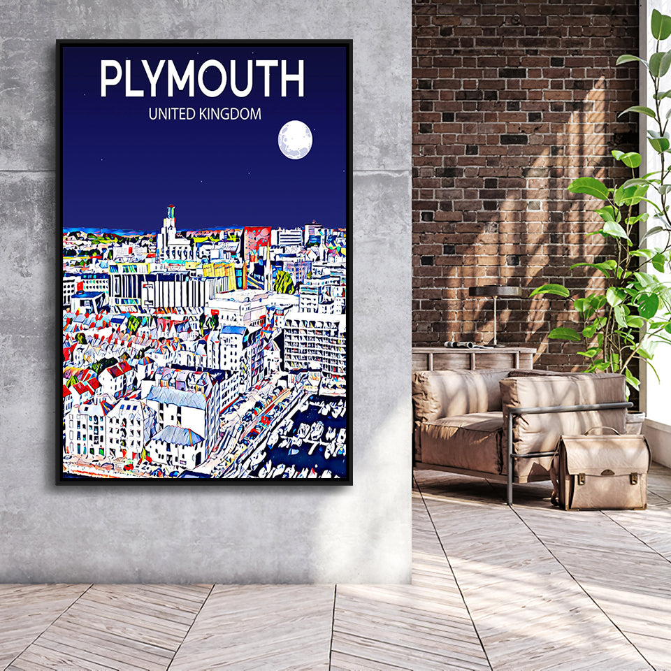 Plymouth UK Art Night Art Print, Large Canvas, Framed Canvas Print Wall Art Home Decor, Floating Frame