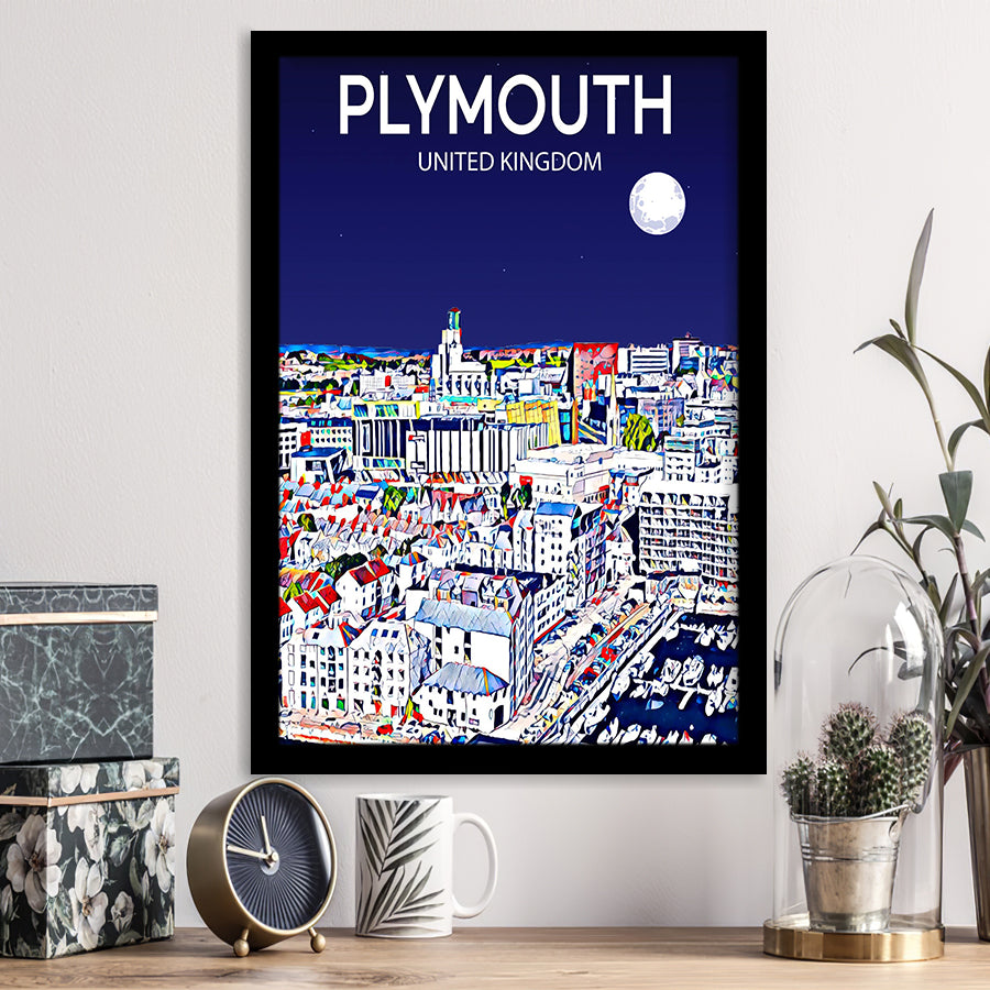 Plymouth UK Art Night Art Print, City Art Print, Framed Art Print Wall Art Home Decor, Framed Picture