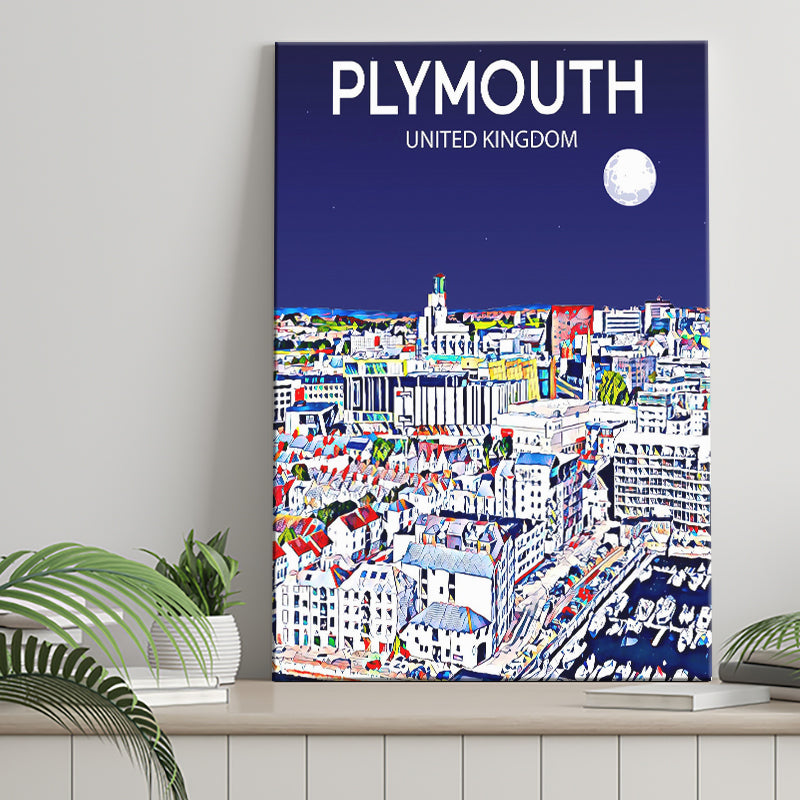 Plymouth UK Art Night Art Print ,City Art Print, Large Canvas, Canvas Print Wall Art Home Decor
