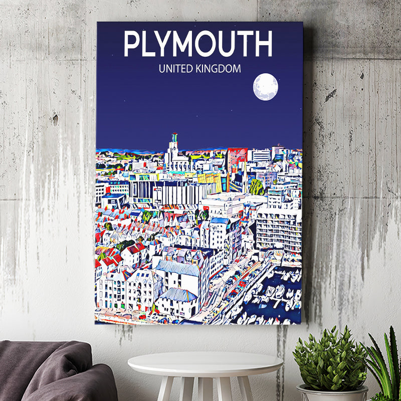 Plymouth UK Art Night Art Print ,City Art Print, Large Canvas, Canvas Print Wall Art Home Decor