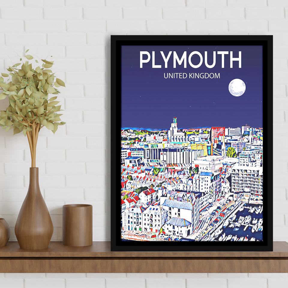 Plymouth UK Art Night Art Print, Large Canvas, Framed Canvas Print Wall Art Home Decor, Floating Frame